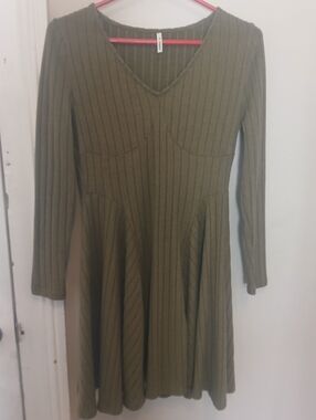 Halara Olive Ribbed Long-Sleeve Flare Mini Dress With Pockets